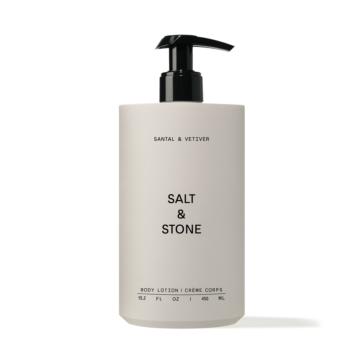 Body lotion bottle with pump labeled 'Salt & Stone' on a white background