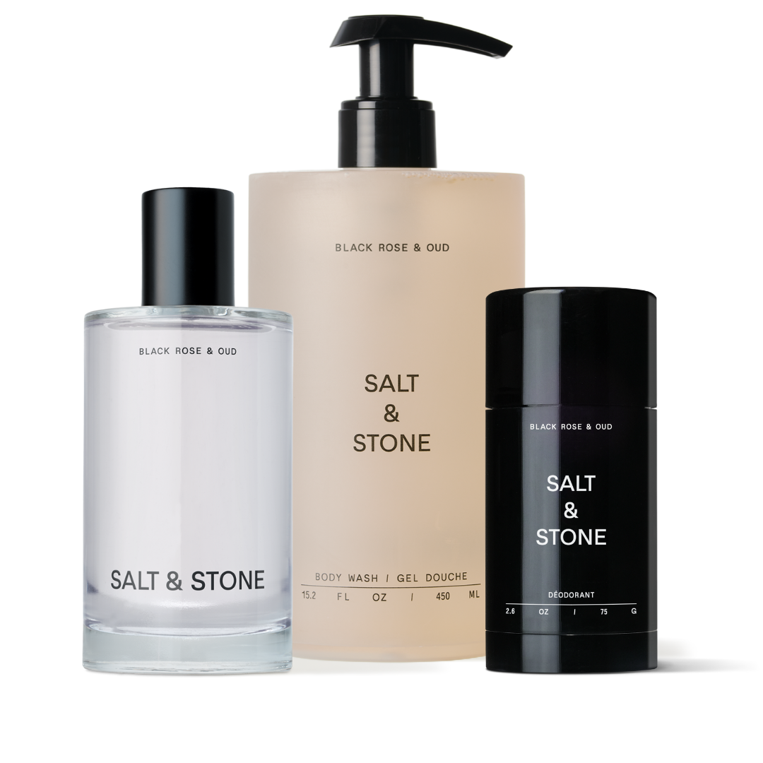 Three Salt & Stone products on a white background