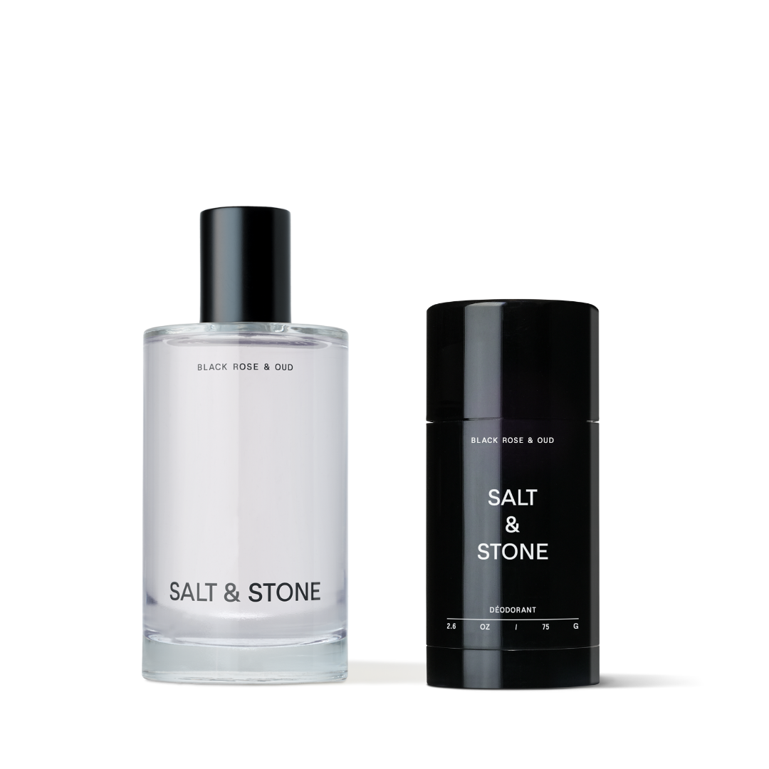 Salt & Stone perfume bottle and deodorant on a white background