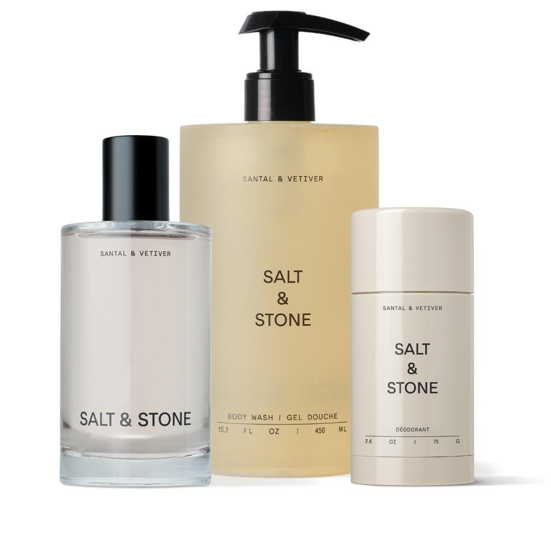 Three 'Salt & Stone' products on a white background