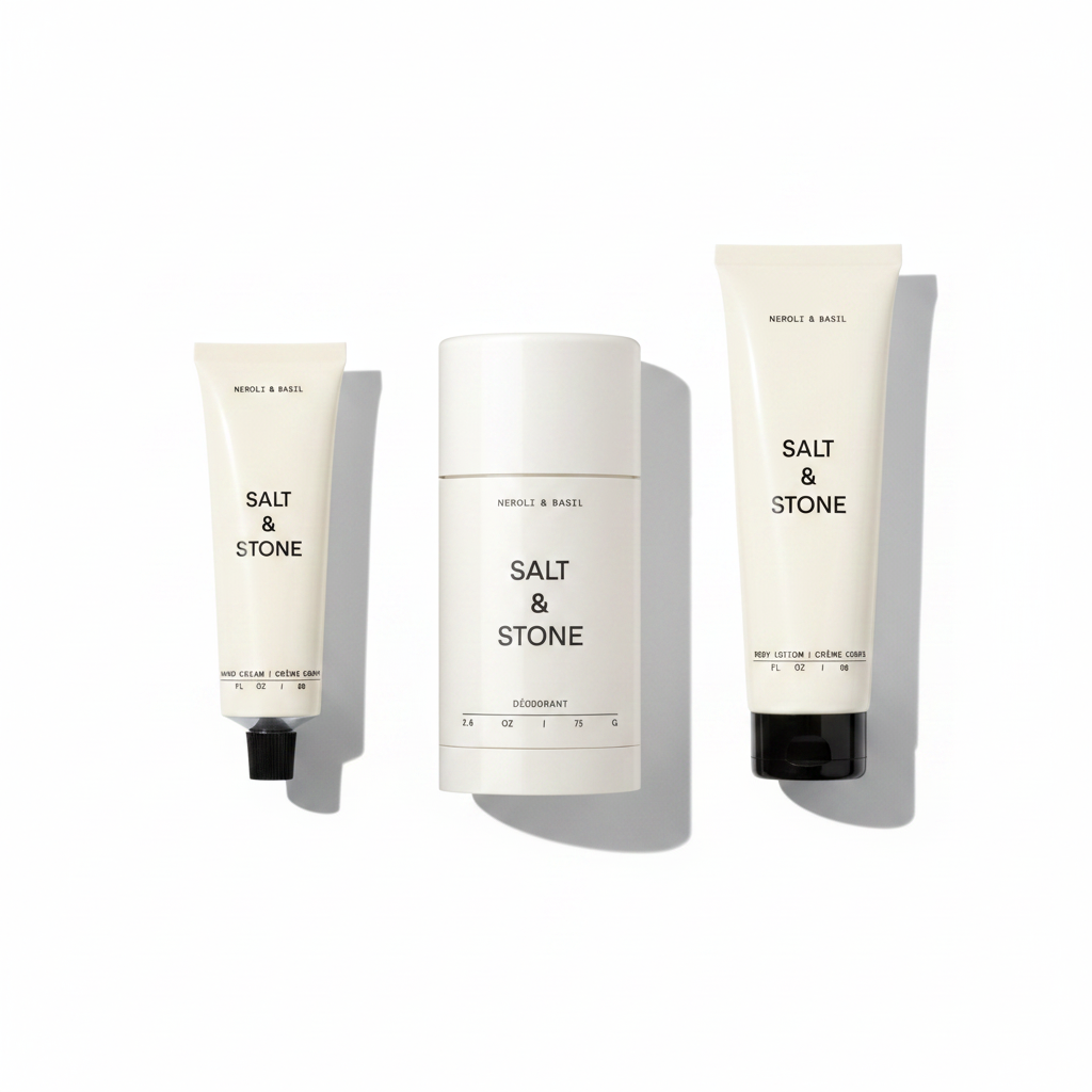Salt & Stone Neroli & Basil Body Ritual Set — natural deodorant, body lotion and hand cream on white background